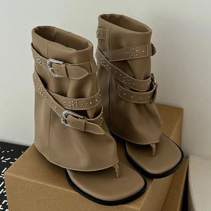 Riveted Square Heel Western Flip Flop Buckled Ankle Boot