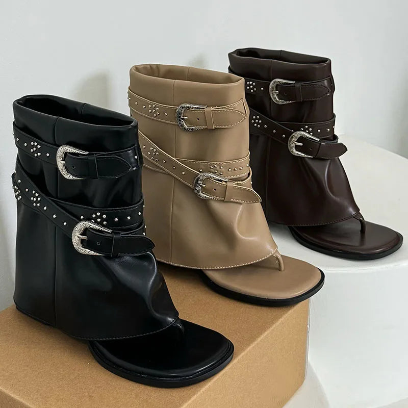 Riveted Square Heel Western Flip Flop Buckled Ankle Boot Secondary image