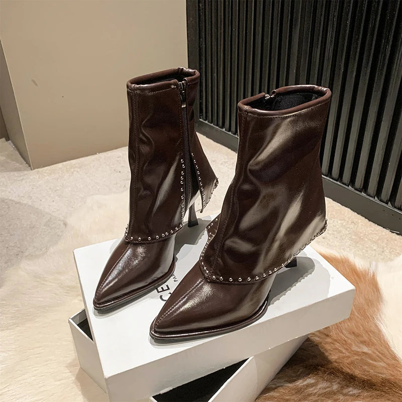 Winter Side Zipper Pointed Toe Solid Short Stilettos Ankle Boot Main image