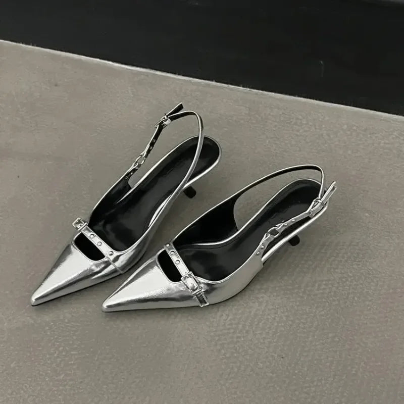 Fashion Slingback Meds Rivet Elegant Pointed Toe Female Mules Low Heel Pumps Main image