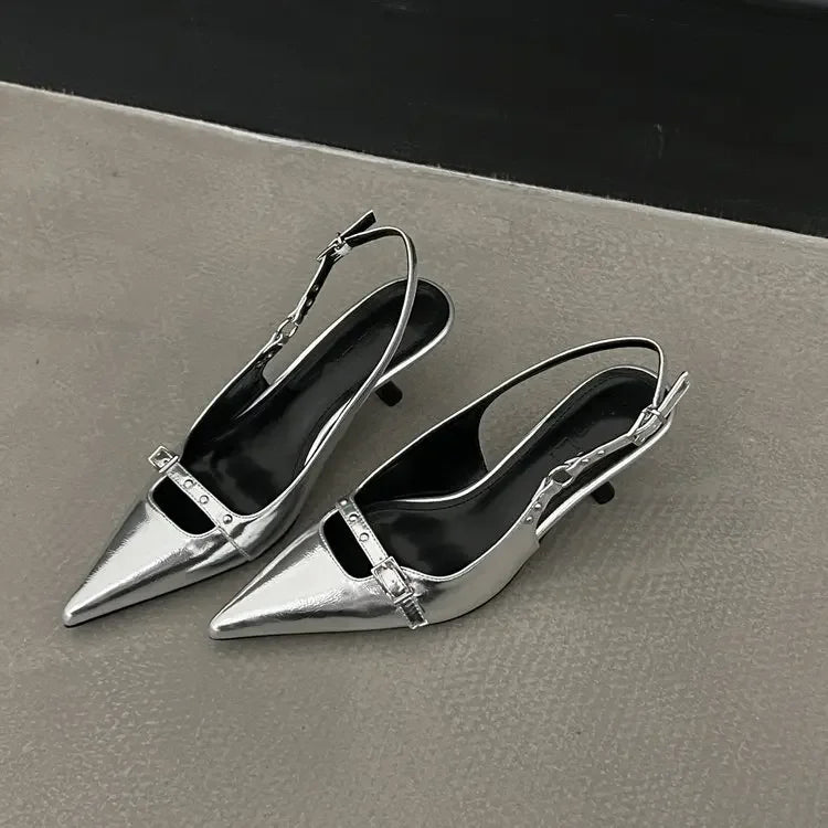 Fashion Slingback Meds Rivet Elegant Pointed Toe Female Mules Low Heel Pumps