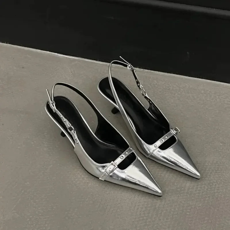 Fashion Slingback Meds Rivet Elegant Pointed Toe Female Mules Low Heel Pumps