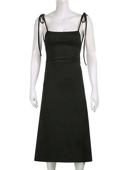 Fashion Strappy Black Irregular Backless Summer Clothes Midi Dresses