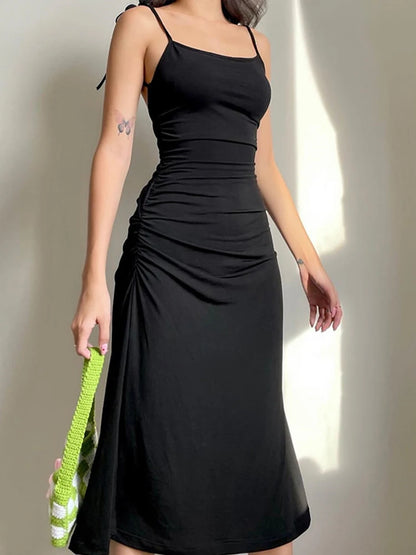Fashion Strappy Black Irregular Backless Summer Clothes Midi Dresses