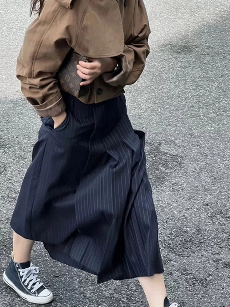 Striped Suit Pleated Harajuku High Waisted Pocket Slim Long Skirt Main image