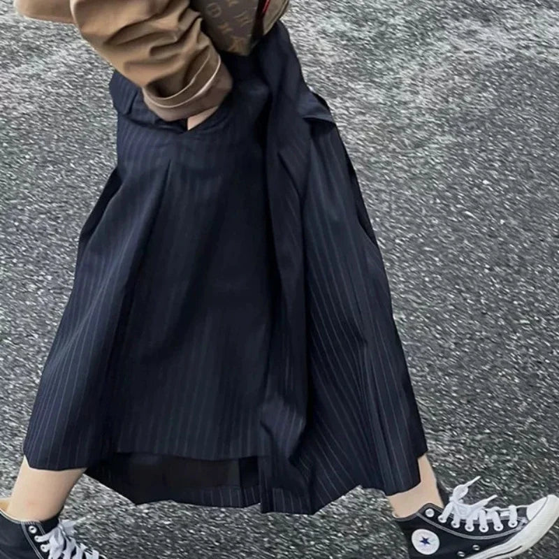 Striped Suit Pleated Harajuku High Waisted Pocket Slim Long Skirt