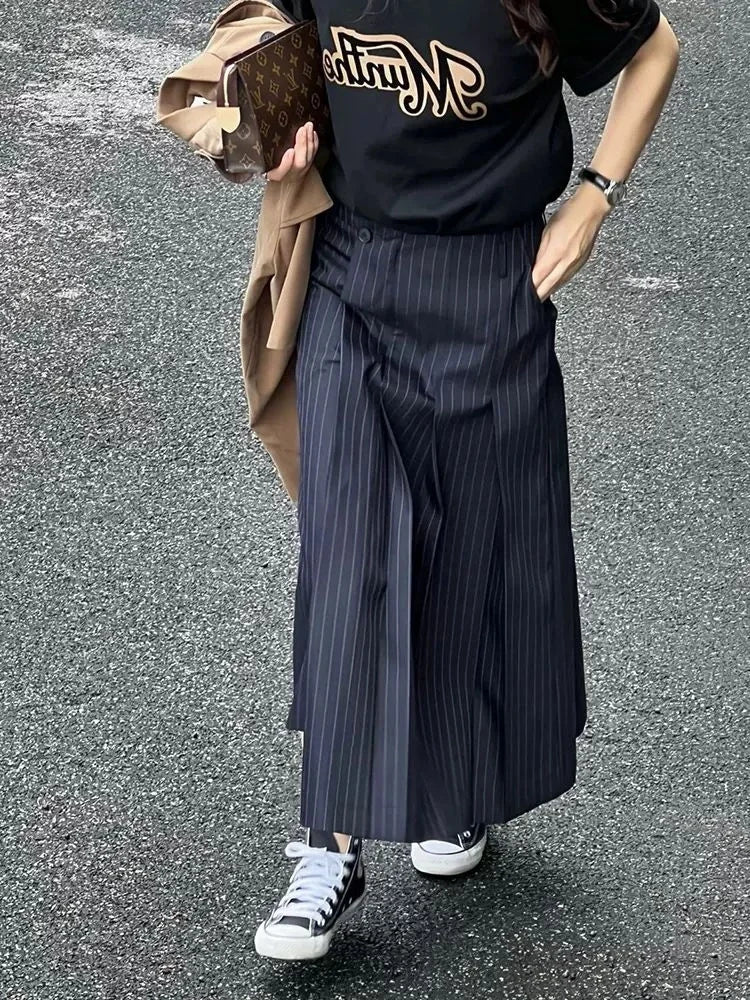Striped Suit Pleated Harajuku High Waisted Pocket Slim Long Skirt