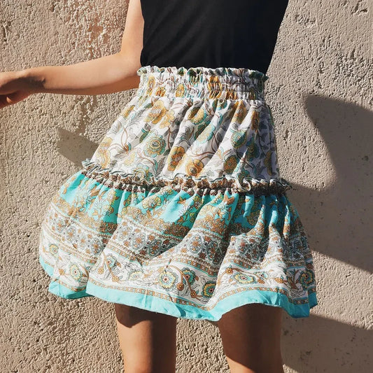 DressBetty - Indie Folk Vintage Elastic Waist Floral Print Ruffles Short Skirt