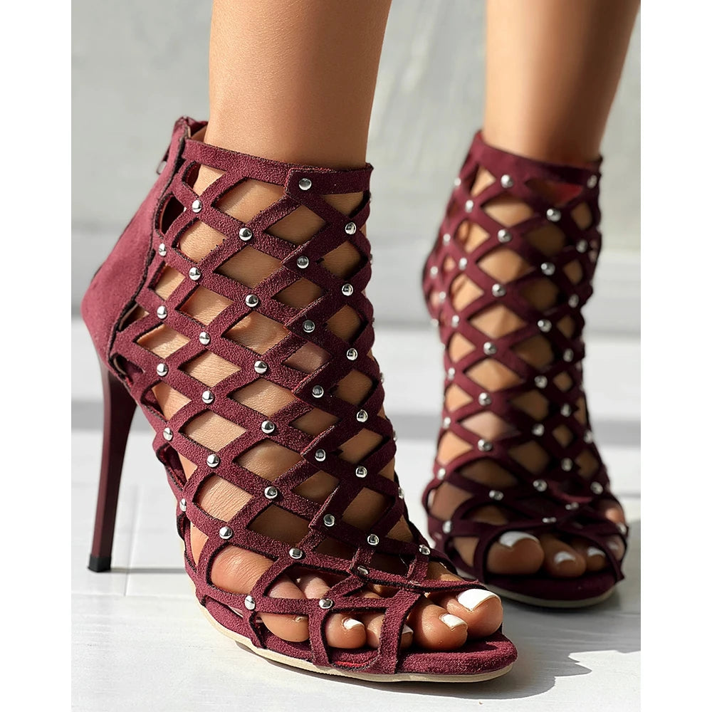 Hollow Out Studded Decor Pointed Toe Zip Sandals Casual Thin Heeled High Heel Main image