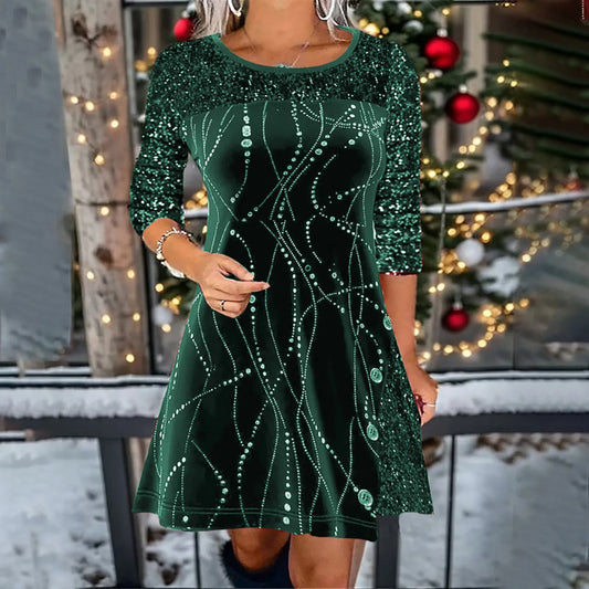 Sequined Patchwork Shining Fashion Women's Casual Spring Autumn Y2K Tunic Long Sleeve Dress