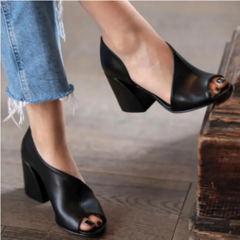 Pink Stylish Open Toe Comfortable New Chunky Summer High Low Heel Pumps Secondary image