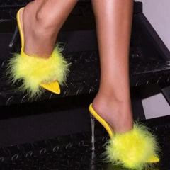 Feather decorated  Thin high heel peep toe pointed fashion party High Heel