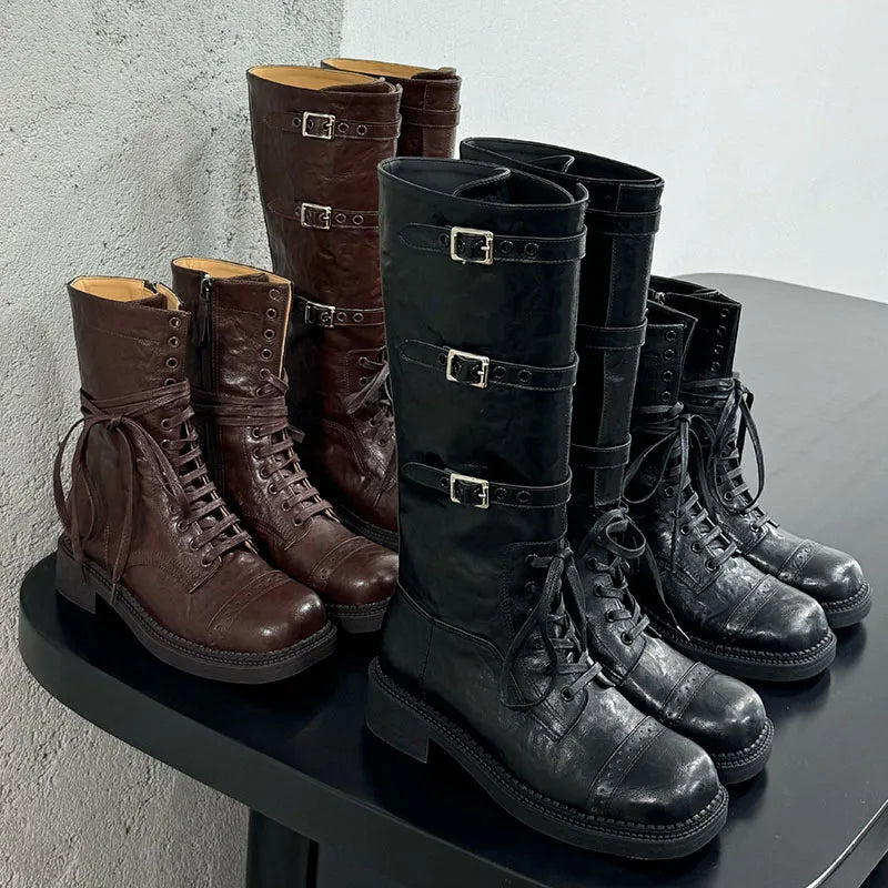 Designer Knee High Cross Tied Low Heel Autumn Ankle Boot Main image