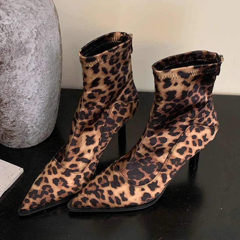 Leopard Print Stretch Zippered Pointed Toe Heeled Ankle Boot Main image