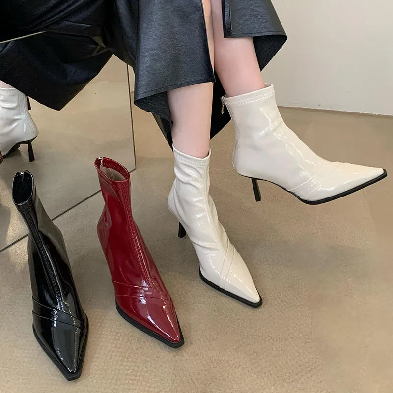 Pointed Toe Thin Heel Elastic Stretch Zippered Fashion Ankle Boot Secondary image