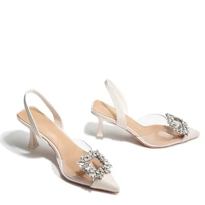 Fashion Ankle-wrap Summer Pointed Toe Solid Shiny Diamond Noble Low Heel Pumps