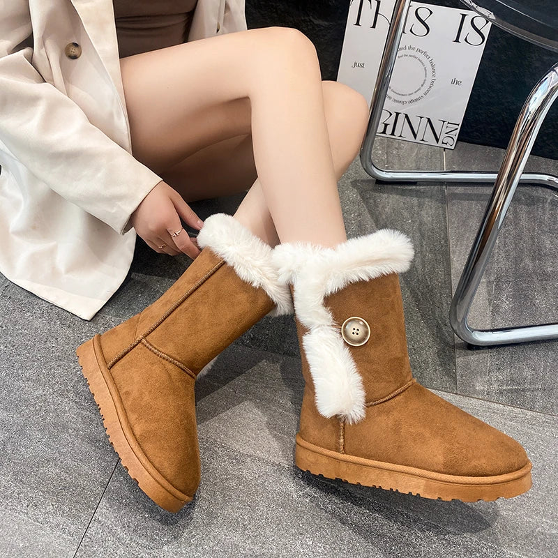Female Shoes on Sale 2024 Winter Fashion Warm Women's Mid-calf Boots Casual and Versatile Plush Cotton Boots Botas De Mujer Main image