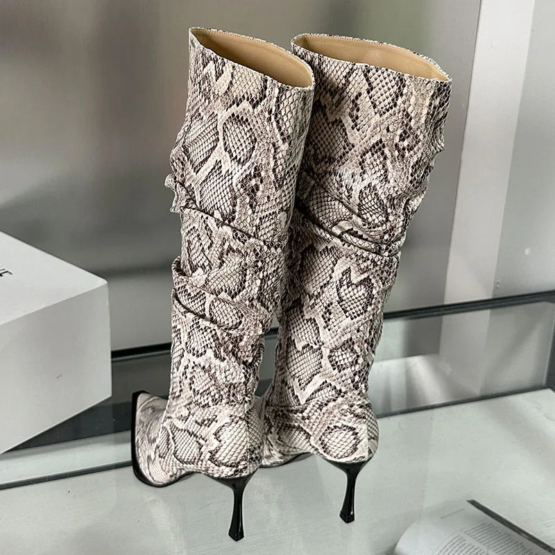Female Slip On Pleated Modern Fashion Pointed Toe Thin Heels Autumn Winter Knee High Boots Main image