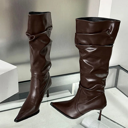 Female Slip On Pleated Modern Fashion Pointed Toe Thin Heels Autumn Winter Knee High Boots