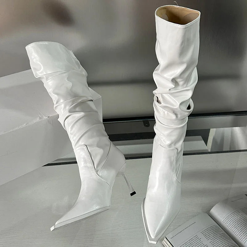 Female Slip On Pleated Modern Fashion Pointed Toe Thin Heels Autumn Winter Knee High Boots Secondary image