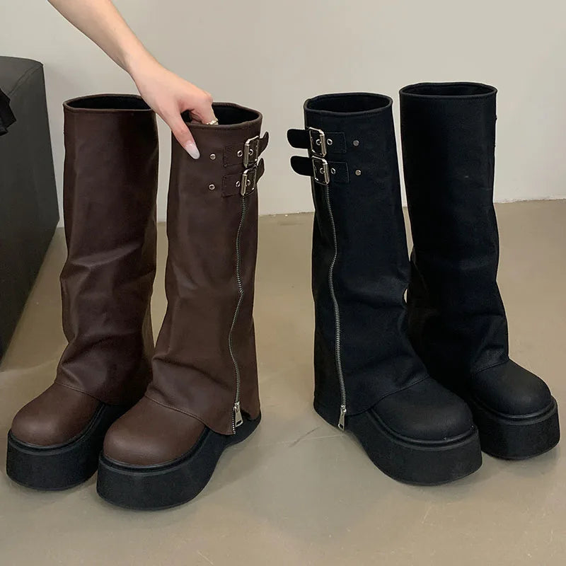 Female Thick Soled Designer Zippers Platform Western Long Knee High Boots Main image