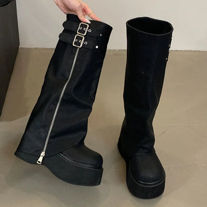 Female Thick Soled Designer Zippers Platform Western Long Knee High Boots