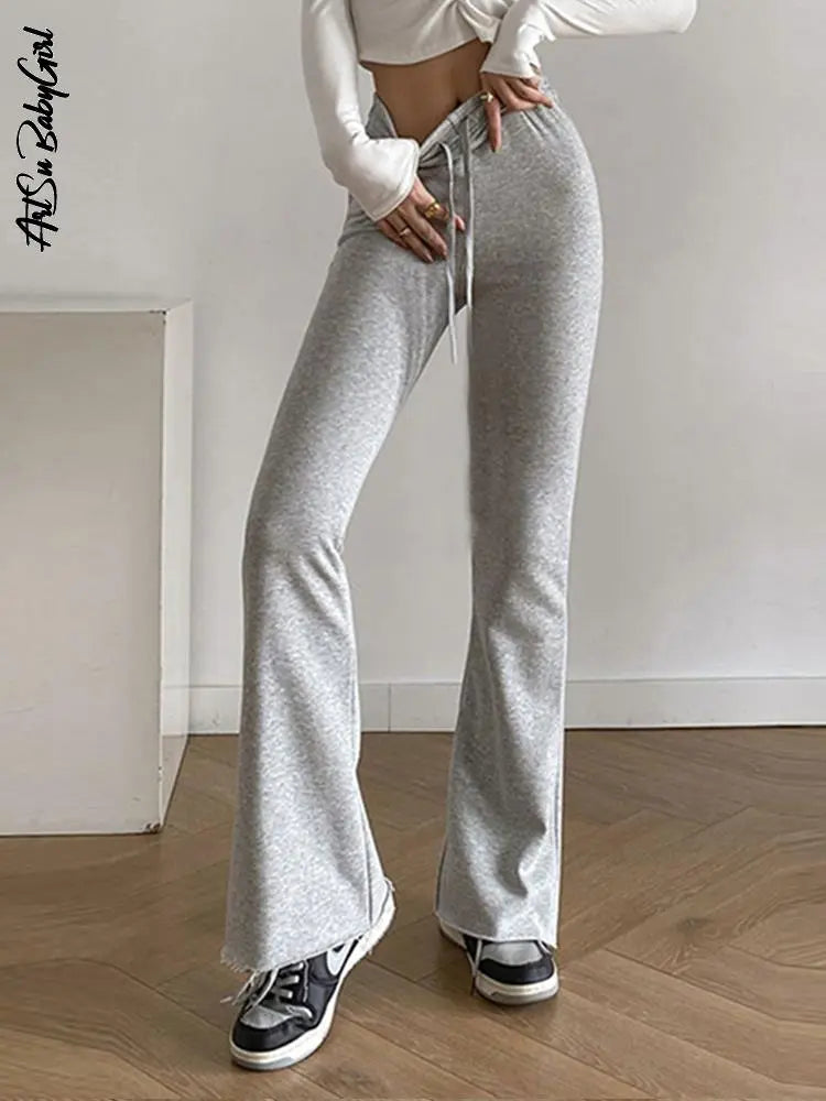 Elastic High Waist Sports Tie Up Flared Leggings Sweatpants Main image