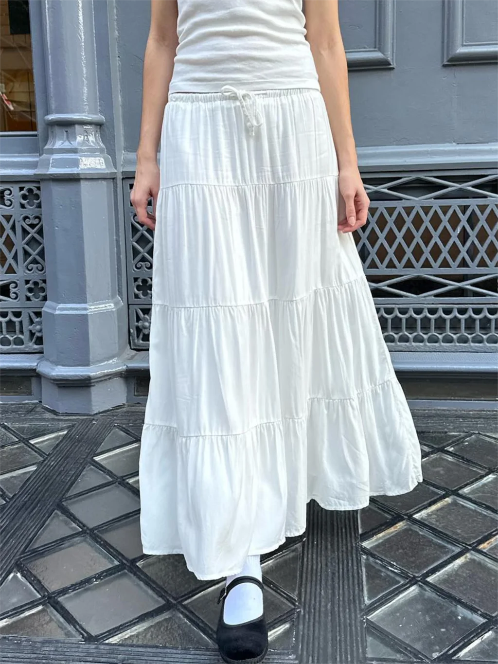 Folds Lace-up White Maxi Skirts Woman Summer High Waist A-line Loose Faldas Casual Sweet Simple Preppy Style Cute Long Skirt Main image