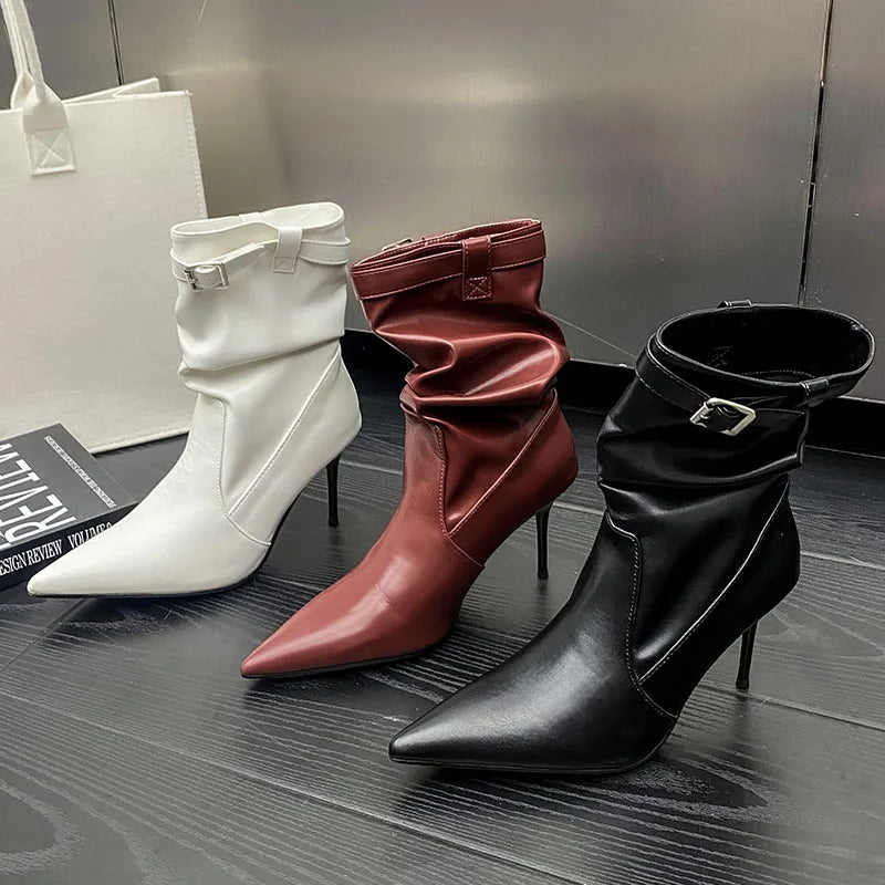 Buckled Pointed Toe Elastic Stretch Heeled Designer Ankle Boot