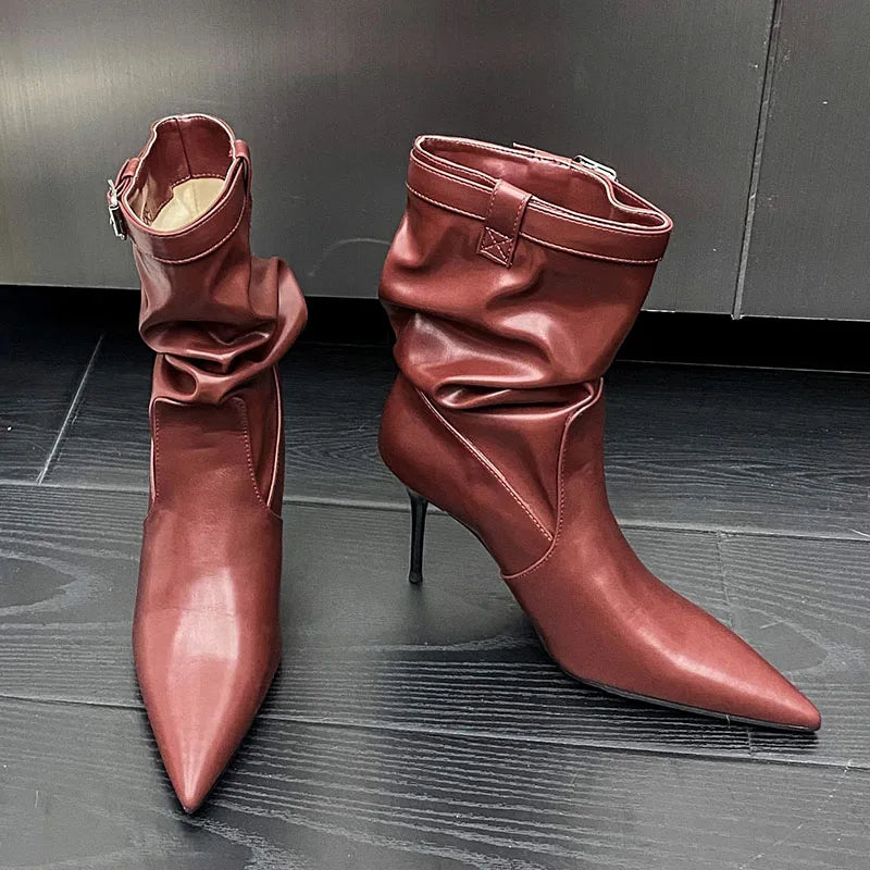 Buckled Pointed Toe Elastic Stretch Heeled Designer Ankle Boot Secondary image