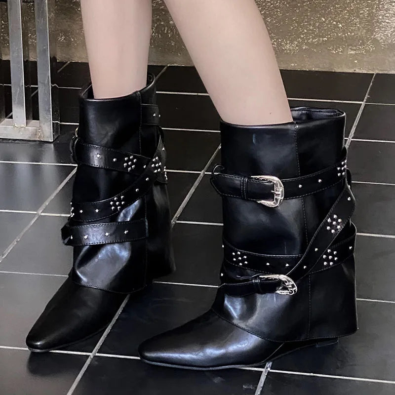Riveted Autumn Winter Wedged Short Modern Buckled Ankle Boot Main image