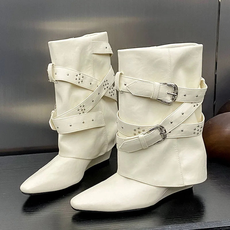 Riveted Autumn Winter Wedged Short Modern Buckled Ankle Boot