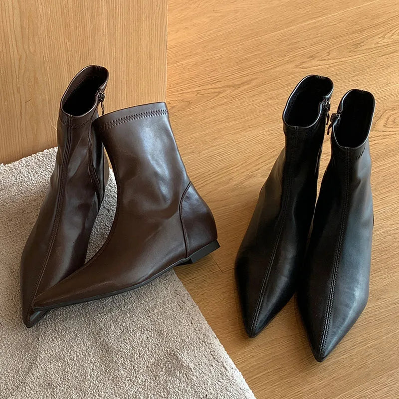 Elastic Flat Pointed Toe Modern Zippered Stretch Ankle Boot Main image