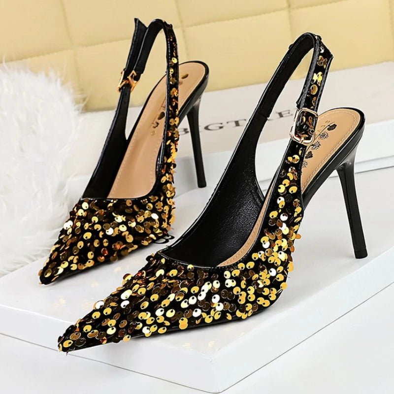 Glitter Luxury Pointed Toe Golden Thin Heels Party Dress High Heel Main image