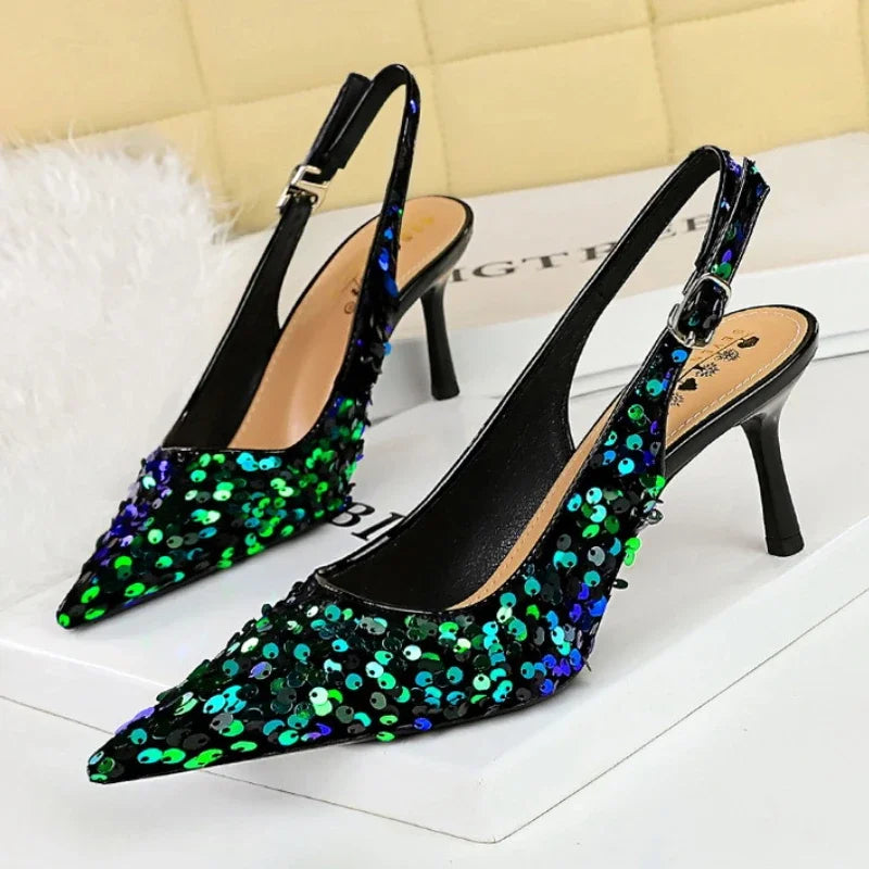 Glitter Luxury Pointed Toe Golden Thin Heels Party Dress High Heel