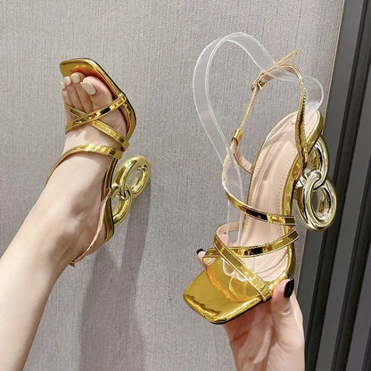 Glamorous Gold Gladiator High Heel Summer Narrow Band Square Toe High Heel