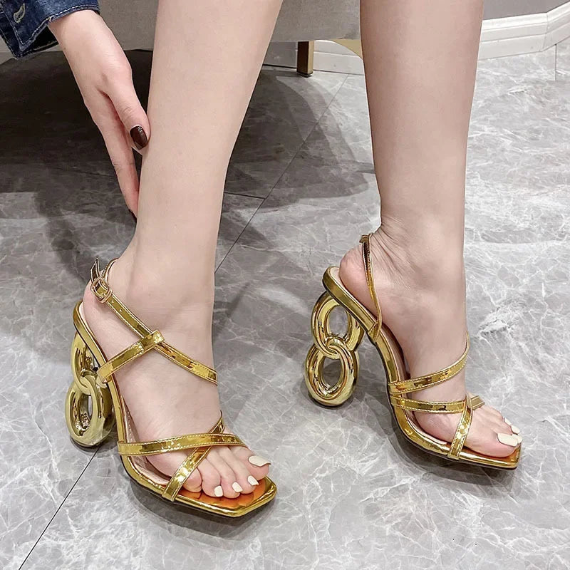 Glamorous Gold Gladiator High Heel Summer Narrow Band Square Toe High Heel Secondary image