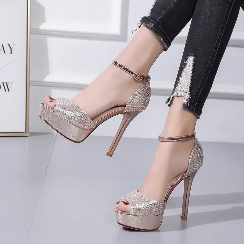 Gold/Silver  Peep Toe Platform Buckle Strap Rhinestone High Heel High Heel Main image
