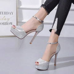 Gold/Silver  Peep Toe Platform Buckle Strap Rhinestone High Heel High Heel