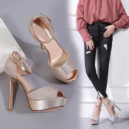 Gold/Silver Sexy Peep Toe Platform Buckle Strap Rhinestone High Heel High Heel