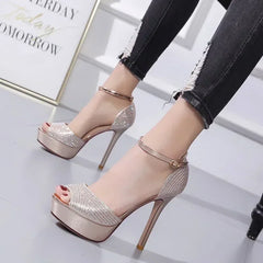 Gold/Silver  Peep Toe Platform Buckle Strap Rhinestone High Heel High Heel