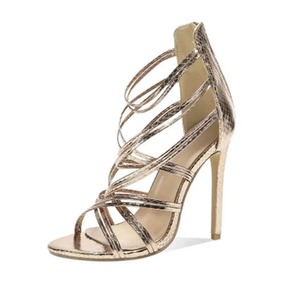 Charming Golden Narrow Band Cross Strap Peep Toe Rear Zipper Thin High Heel High Heel