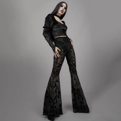 Goth Aesthetic Black Flared Pants Harajuku Sexy See Through Pants