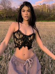 Aesthetic Lace Dark Academia E Girl Double Layer V Neck  Crop Top