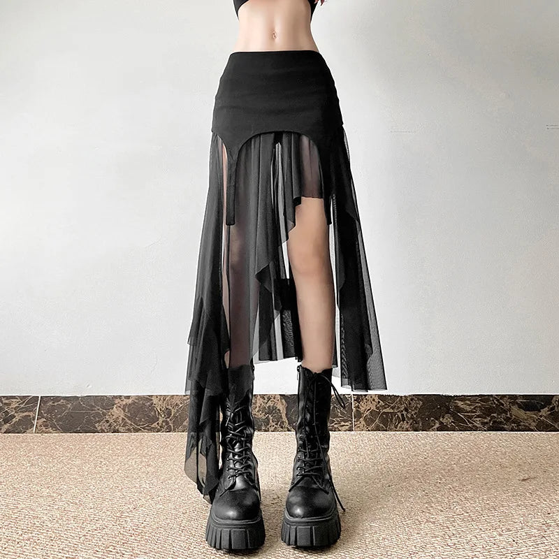 Goth Cyber Y2K Irregular Hem Mid Harajuku Fashion Streetwear Mesh Patchwork Club Alt Skirt Main image
