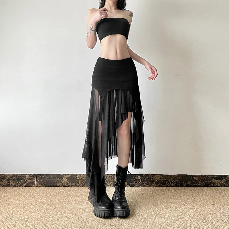 Goth Cyber Y2K Irregular Hem Mid Harajuku Fashion Streetwear Mesh Patchwork Club Alt Skirt Secondary image