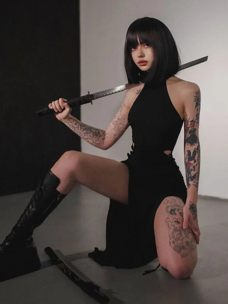 Gothic Dark High Split  Bandage Halter Slim Grunge Y2K Partywear Dress Main image