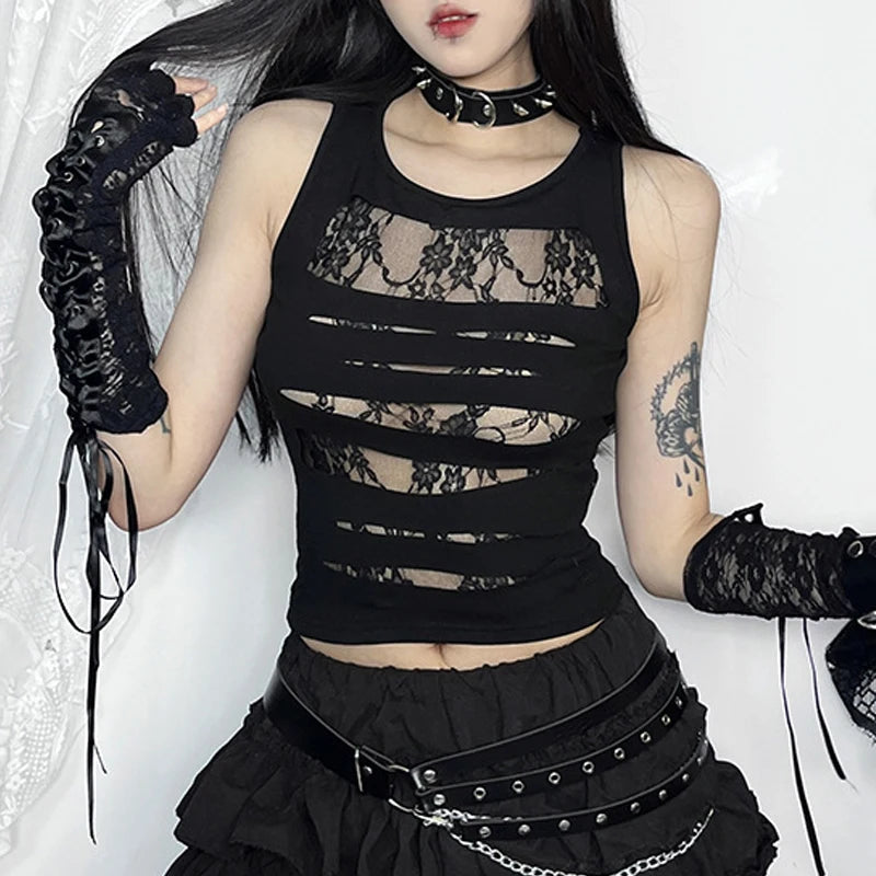 Dark Cut Out  Grunge Punk Mall Gothic Splice Lace Techwear Bodycon Crop Top Main image
