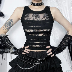 Dark Cut Out  Grunge Punk Mall Gothic Splice Lace Techwear Bodycon Crop Top