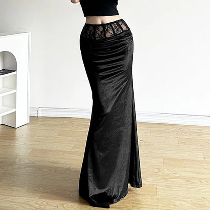 Goth Dark Elegant Mall Gothic Velvet Trumpet Y2k Partywear Lace Patchwork Sexy Long Skirt